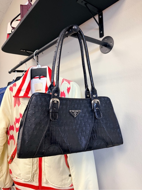 Prada Handbags - Prada Black Ostrich-Effect Shoulder Bag with Croc Panels